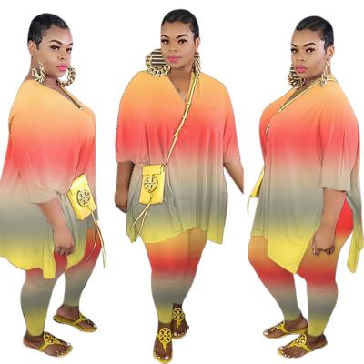 China Sustainable Gradient Color Plus Size Womens Two Piece Sets Stretch Clothing Salon Wear V-Neck T-Shirts Tops Large Size 2 PIECE Leggings Set for sale