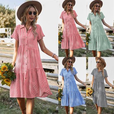 China The new anti-static summer collection button down women's dresses 2022 fashion plaid dress shirt squishy casual outfits for sale