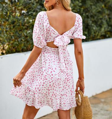 China Korean Pink Chiffon Dress A Line Mini Dresses Summer Lace Dress Women High Waist Casual Collar Hollow Anti-Static Backless Square for sale