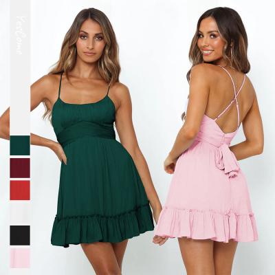 China Anti-Static Spaghetti Strap Dress For Women Casual Solid High Waist Ruffled Lace Up Backless Sun Dress Elegant A-line Dresses Summer 2022 for sale