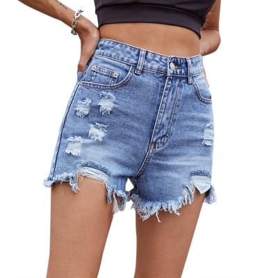 China High waist QUICK DRY casual denim top shorts women summer pocket tassel hole ripped short jeans cotton stretch short pants women for sale