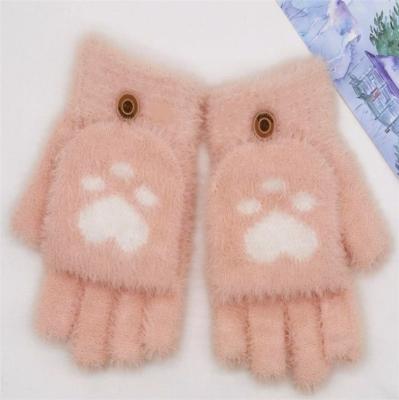 China Women Value Cheap Plush Warm Cute Cat Cute Claw Gloves Women Outdoor Winter Half Finger Gloves for sale