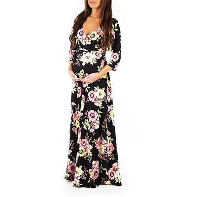 China New Fashion Comfy Maternity 3/4 Sheath Cross Neck Pritend Loose Maxi Dress For Pregnant Women floral for sale