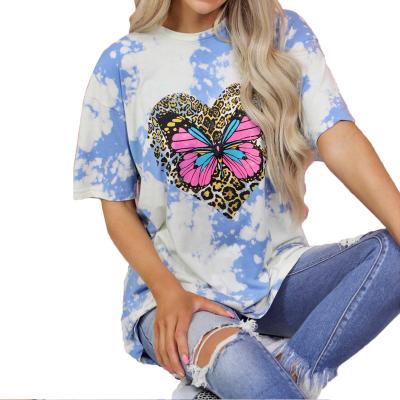 China Casual Women Fashion Autumn O-Neck Daily Casual Loose Upper Link Dye Leopard Print Butterfly Short Sleeve T-Shirt For Women for sale