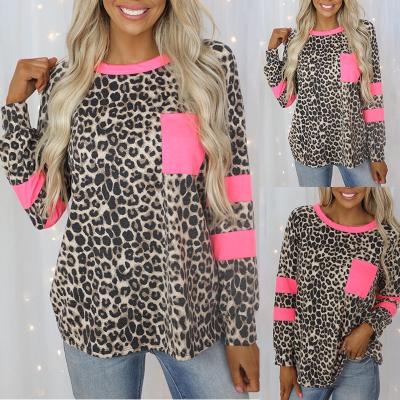 China Women Casual Casual Home Wear Top Hot Pink Patchwork Print Long Sleeve Leopard T-Shirt With Pocket Fashion for sale