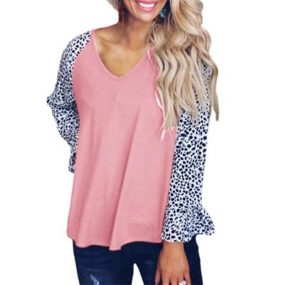 China Breathable Women's Casual Leopard Print Long Loose Knit V-Neck Shirts Women Summer Blouse Shirts for sale