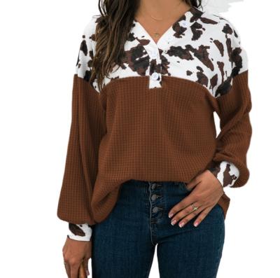 China Cow Breathable Casual Raglan Waffle Long Sleeve Lantern Sleeve Women's V-Neck Button Splicing Blouse for sale