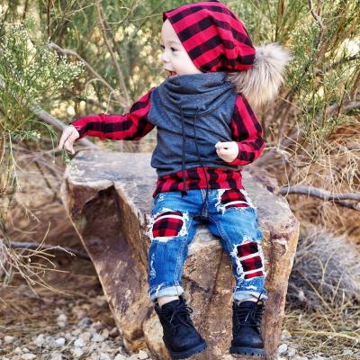 China Fashion\Comfortable\Durable Baby Boy Clothes 2021 Casual Christmas Kids Red Plaid Hoodies Clothing With Jeans Baby Boy Two Piece Outfit for sale