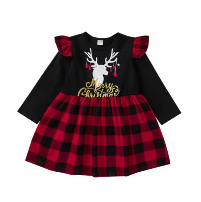 China Hot Selling Kids Girls Factory Made Anti-wrinkle China Christmas Long Sleeve Deer Printed Plaid Dress for sale