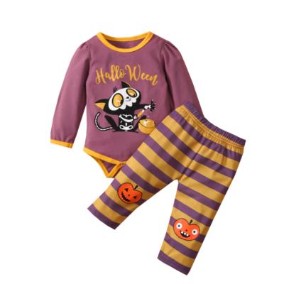 China Cotton Personalized Cute Kids Halloween Long Sleeve Romper Baby Long Sleeve Cartoon Pumpkin Striped Sets for sale