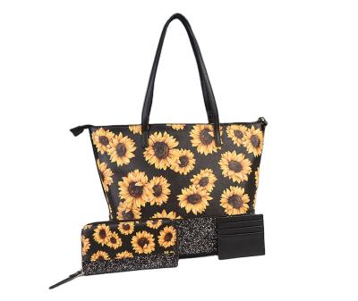 China Wholesale Fashion Sunflower PU Women 3 Pieces Wallet Tote Bag Set With Matching and Card Holder for sale