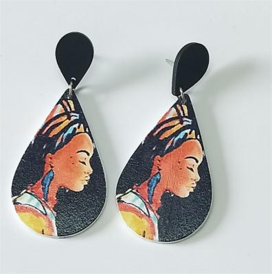 China 2021 Vintage High Quality Water Drop Shaped Earrings Wooden Women Printed Water Drop Shaped Earrings for sale