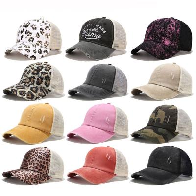 China COMMON Distressed Washed Cotton Baseball Cap Ponytail Mesh Trucker Hat for sale