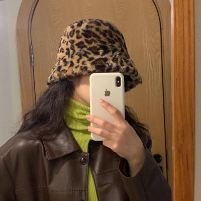 China Casual Leopard Bucket Hat For Winter Hat Women Female Warm Fur Bucket Hats for sale