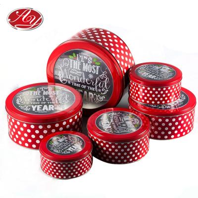 China Eco-friendly and recycleable Material Red Christmas Round Cookie Tin Set 6 pieces with clear window for sale