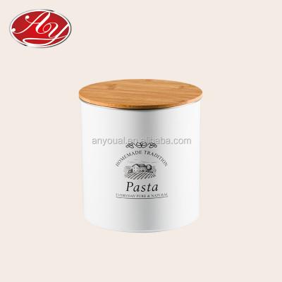 China Eco-friendly and recycleable metal / tin material spaghetti / pasta storage noodle with removable bamboo lid for sale