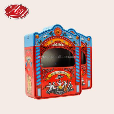 China Eco-Friendly And Recyclable Hardware Manufacturer Castle Shaped Metal Tin Box With Clear Window musical for sale