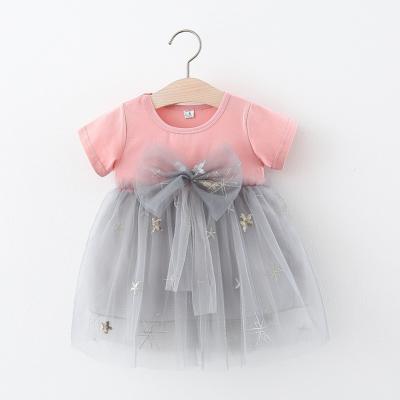 China Wholesale Washable Star Embroidery Mesh Summer Gray Big Bow Little Baby Girls Dress One-piece Sets Dress for sale