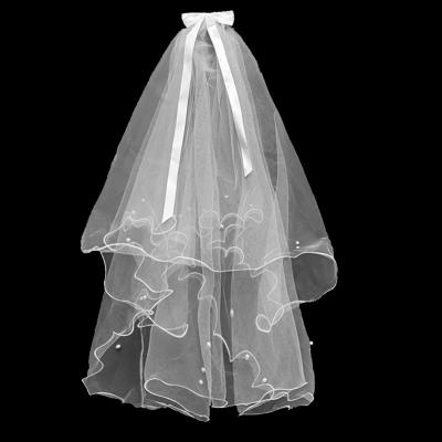 China Girl's Communion Veil Girls First Veil Comb With Satin Ribbon Bow Pearl White Wedding Veil for sale