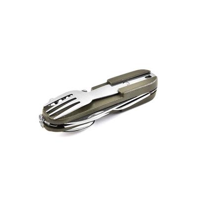 China Outdoor Stainless Steel Camping Multi Function All In One Utensil Camping Folding Fork Knife Spoon Bottle Opener Set Travel Cutlery for sale