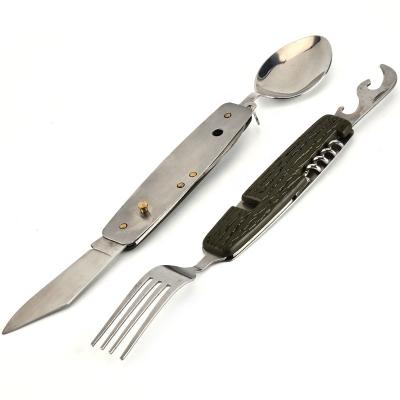 China Stainless Steel Multifunctional Travel Tableware Knife Fork Spoon Bottle Opener Outdoor Folding Camping Utensil for sale