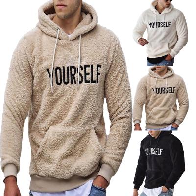 China New viable autumn and winter warm men's woolen letter printing European pocket fleece hoodie kangaroo hoody for sale