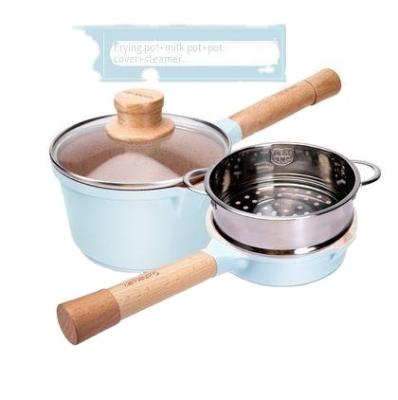 China Sustainable Kitchen Pot Baby Food Non Stick Stock Milk Boiling Non Stick Pot With Steamer Silicone Spoon for sale