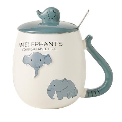 China Viable Cute Cartoon Ceramic Mug Stereo Embossed Elephant Shape Milk Coffee Mug Office Household Gift Animal Coffee Mug With Lid for sale