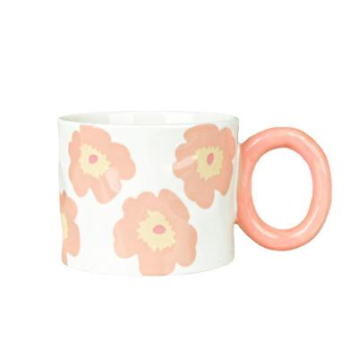 China Nordic Style Viable Ear Cup Large Capacity Flower Pattern Milk Cup Ceramic Hand Painted Coffee Mug With Handle for sale