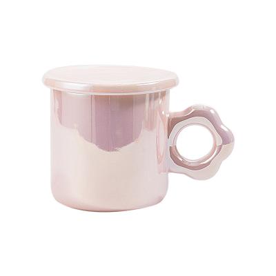 China Viable Light Luxury Ceramic Pearl Color Cute Coffee Style Ceramic Mug With Flower Handle For Girls Gift Office Coffee Mug for sale