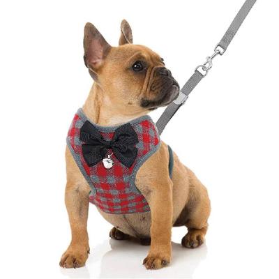 China Small DETACHED Plaid Pattern Dog Harness and Pet Leash Set Vest with Bow Tie and Bell Dog Leash Vest Dog Harness for sale