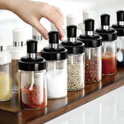 China 250ml Kitchen Storage Container Spice Bottles Glass Seasoning Salt Sugar Sealed Jar With Brush And Spoon Oil Pot for sale