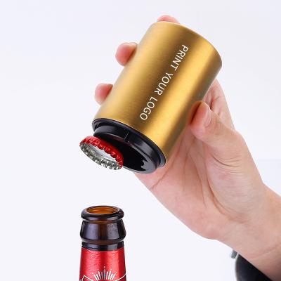 China Hot Selling Automatic Lowering Stocked Custom Beer Opener Stainless Metal Magnetic Bottle Round Beer Bottle Opener With Magnet for sale