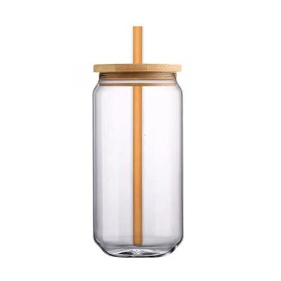 China Europe Logo Soda 11oz Heat Resistant Lead Free Custom Beer Can Shaped 16oz Glass Mug With Lid And Bamboo Straw for sale