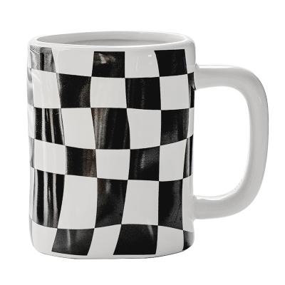 China Viable Irregular Checkerboard Couple Mug Wholesale Ceramic Coffee Mug for sale