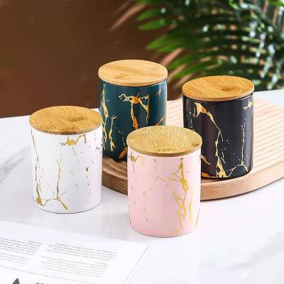 China Home Decor Luxury Gold Scented Soy Pink Black White Green Wholesale Candle Cups Vessels Holders Marbling Marble Ceramic Jar With Wood Lid for sale