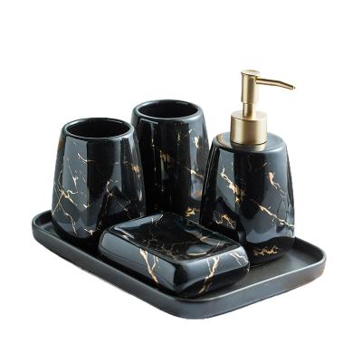 China Factory Price Sustainable Ceramic Marble Effect 3pcs 4pcs 5pcs Modern Bathroom Accessories Set With Tray for sale