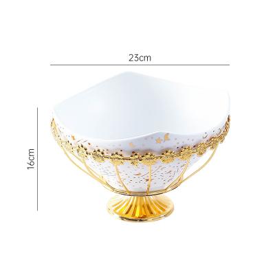 China Viable Design Black Moon Star White Irregular Ceramic Salad Fruit Bowl With Gold Iron Shelf for sale