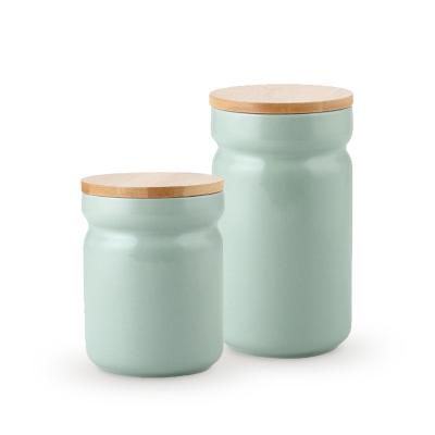 China New Style Household Food Storage Box Kitchen Ceramic Light Green Beige Microwavable Storage Jars Small Food Snacks Storage Jar for sale