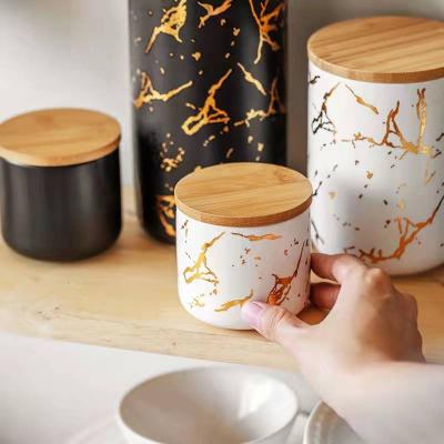 China Modern Home Microwavable Tea Coffee Sugar Sealed Marble Canisters Set Ceramic Kitchen Food Coffee Storage Jar for sale