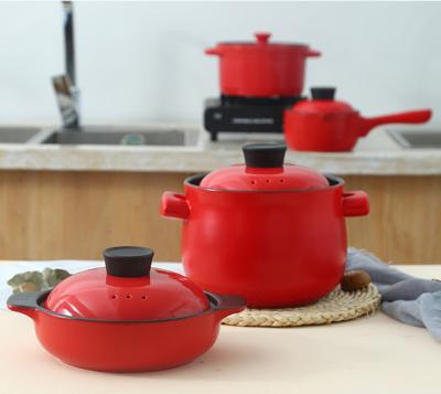 China Sustainable Hot Sale Ceramic Use Red Casserole Kitchen Soup Cooking Pot Milk Pot With Handle Use Directly On Fire for sale