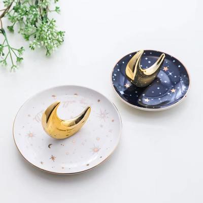 China Kitchen Moon Form Tray Sundries Jewelry Display Plates Necklace Ceramic Jewelry Trays Ring Earrings Organizer Tools Ring Ceramic Dish for sale