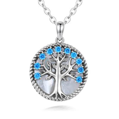 China TRENDY 925 Sterling Silver Pearly Blue Chakra Tree of Life Charm Jewelry Necklace Zircon for sale