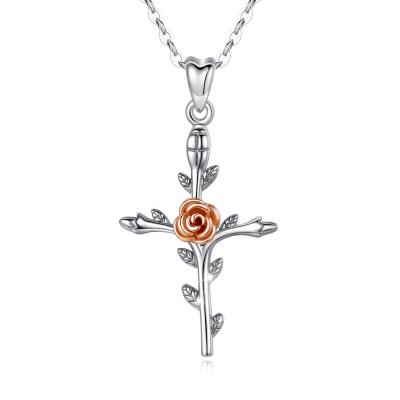 China TRENDY 925 Sterling Silver Women Custom Rose Flower Christian Cross Pendant Necklace for sale