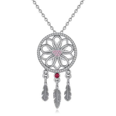 China Environmental Friendly 925 Sterling Silver Women Feather Dreamcatcher Dream Catcher Charms Pendant Necklace for sale