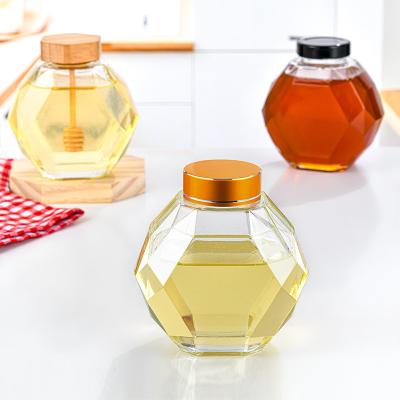 China Household Products Multilateral irregular shape high quality glass honey jar with screw wooden cap for sale