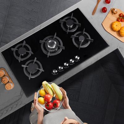 China Hot Sale 5 Burner Gas Stove Tempered Glass Gas Element Hob Black Gas Cooktops Easily Cleaned for sale