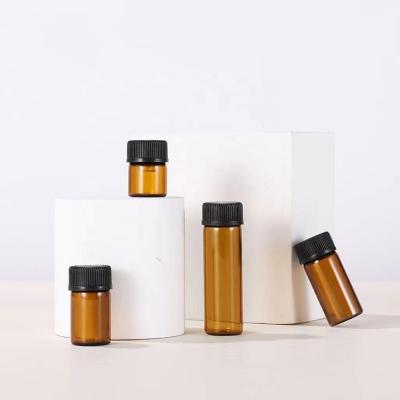 China Personal Care 1ml 2ml 3ml 5ml Amber Glass Bottle Vials Essential Oil Sample Bottle With Black Cap for sale