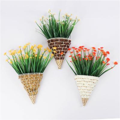 China Wrought Iron Wall Mounted Room Decor Wall Decor Flower Basket Rattan Vase Wall Hanging Planter Pot Rattan Vase Home Decor Natural Wicker Basket for sale