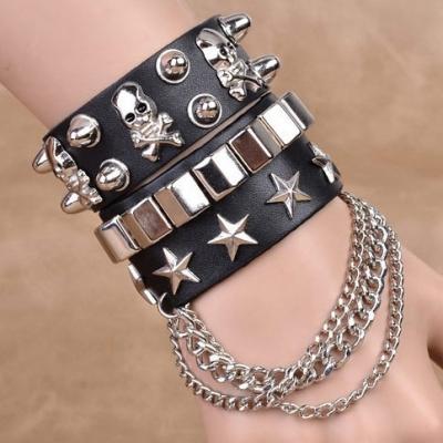 China Fashion Unisex Black Metal Spike Studded Punk Rock Biker Wide Strap Leather Bracelet for sale